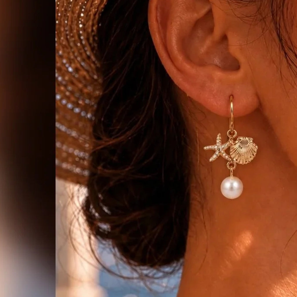 Starfish Shell Pearl Drop Earrings | Vybe Global Store