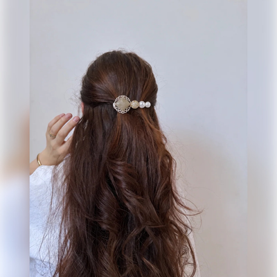 Tweed Fabric Button & Metallic Charm Hair Clip
