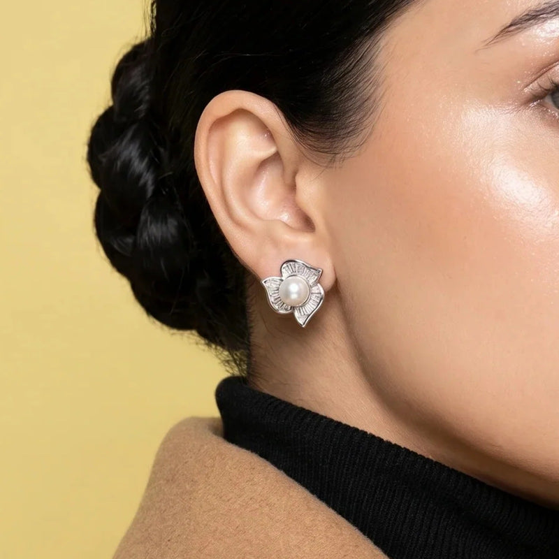 Pearl & Crystal Flower Stud Earrings | Vybe Global Store