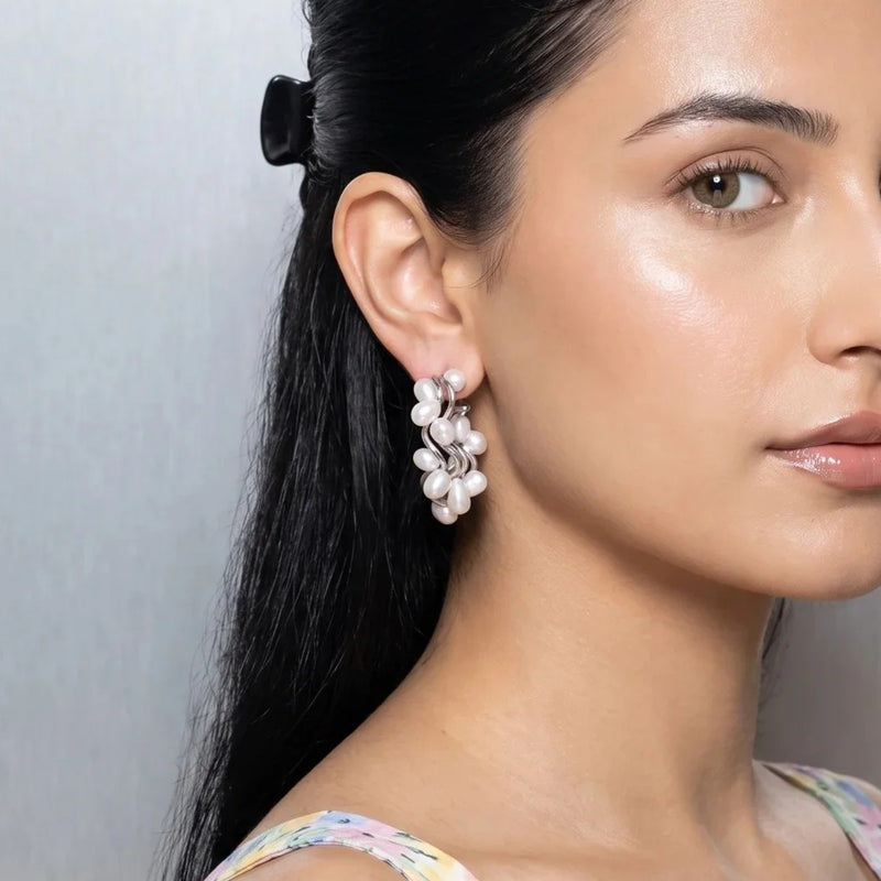 Pearl Cluster Wave Hoop Earrings | Vybe Global Store