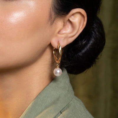 Twisted Gold Hoop Pearl Drop Earrings