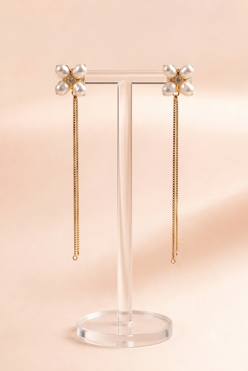Pearl Clover Chain Drop Earrings