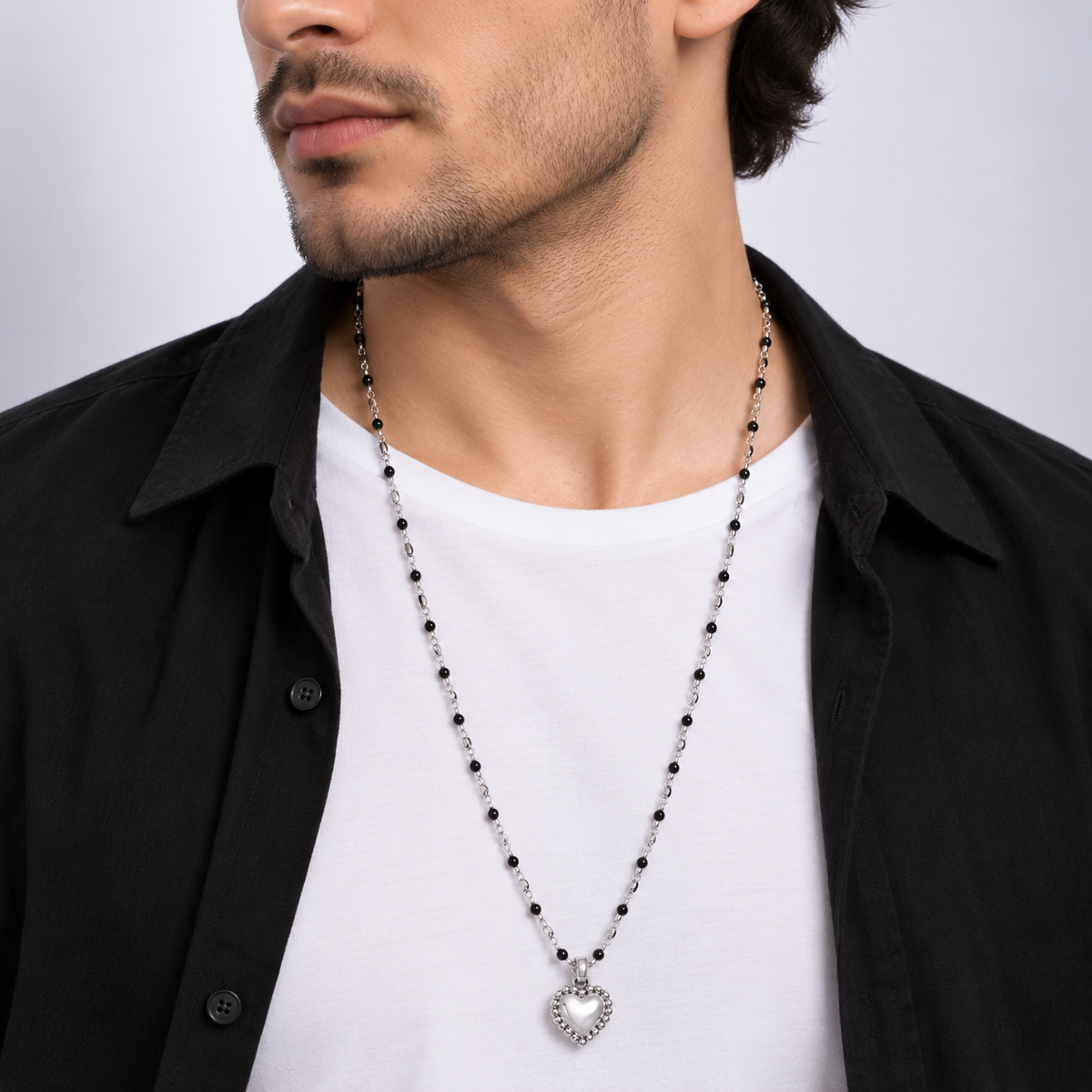 Black Beaded Heart Pendant Chain