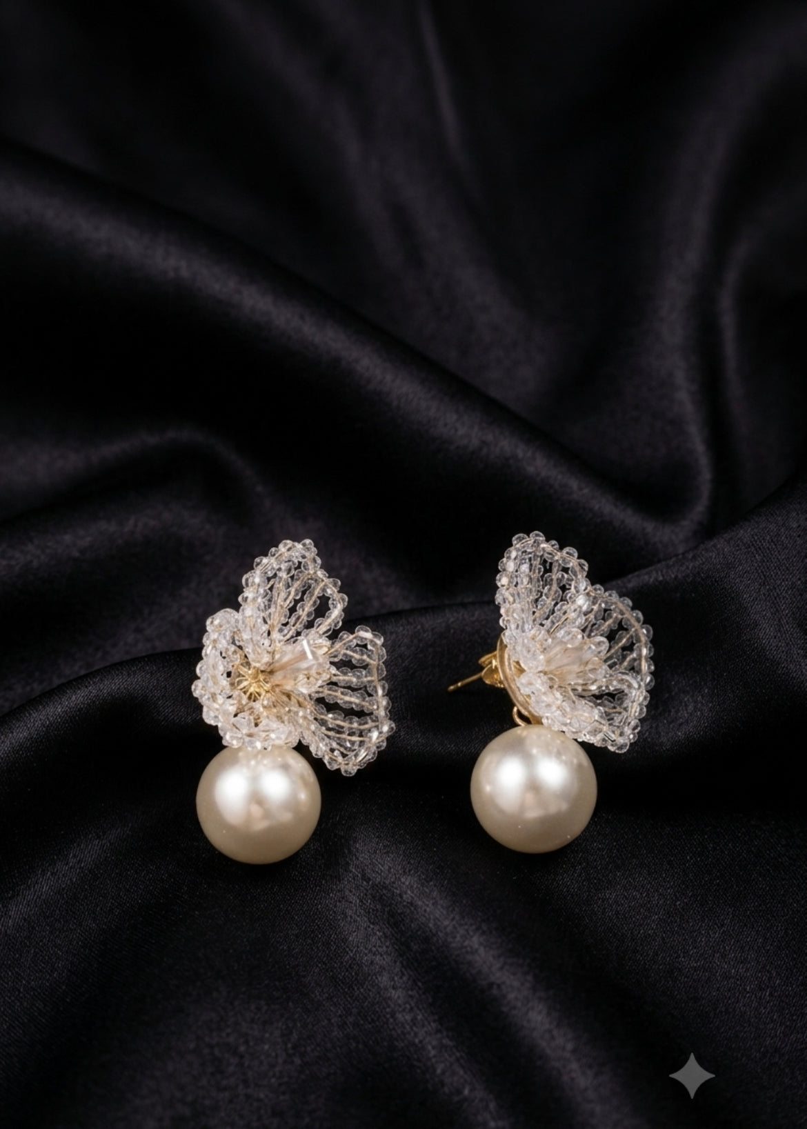 Gold-Silver Beaded Flower Pearl Earrings