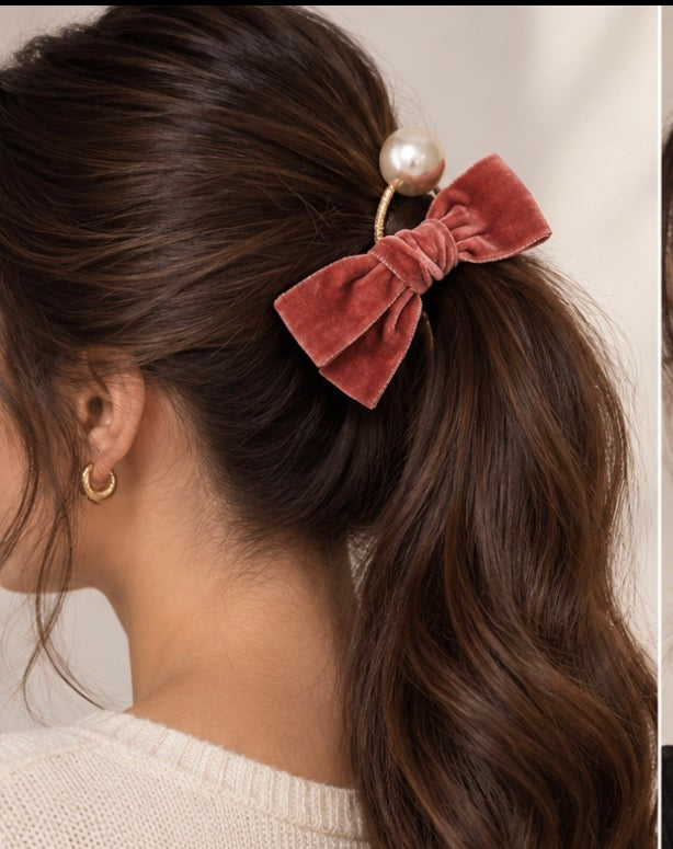 Velvet Bow & Faux Pearl Elastic Hair Tie