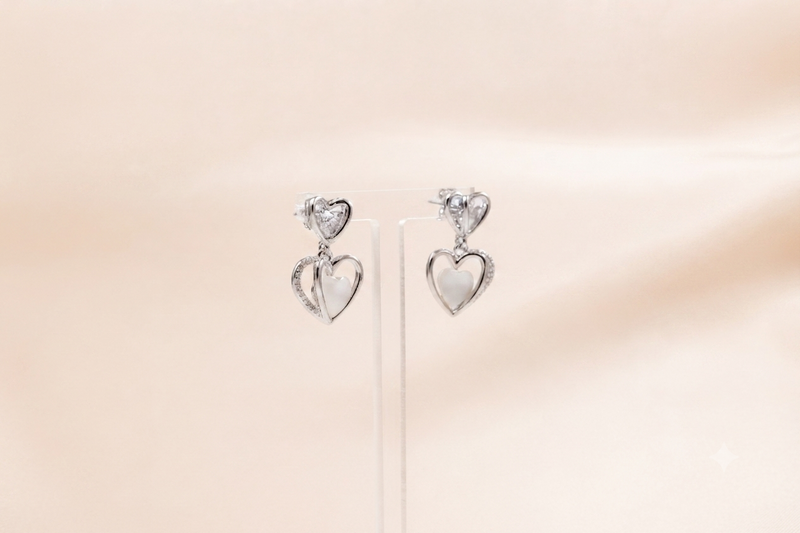 Double Heart Crystal Drop Earrings