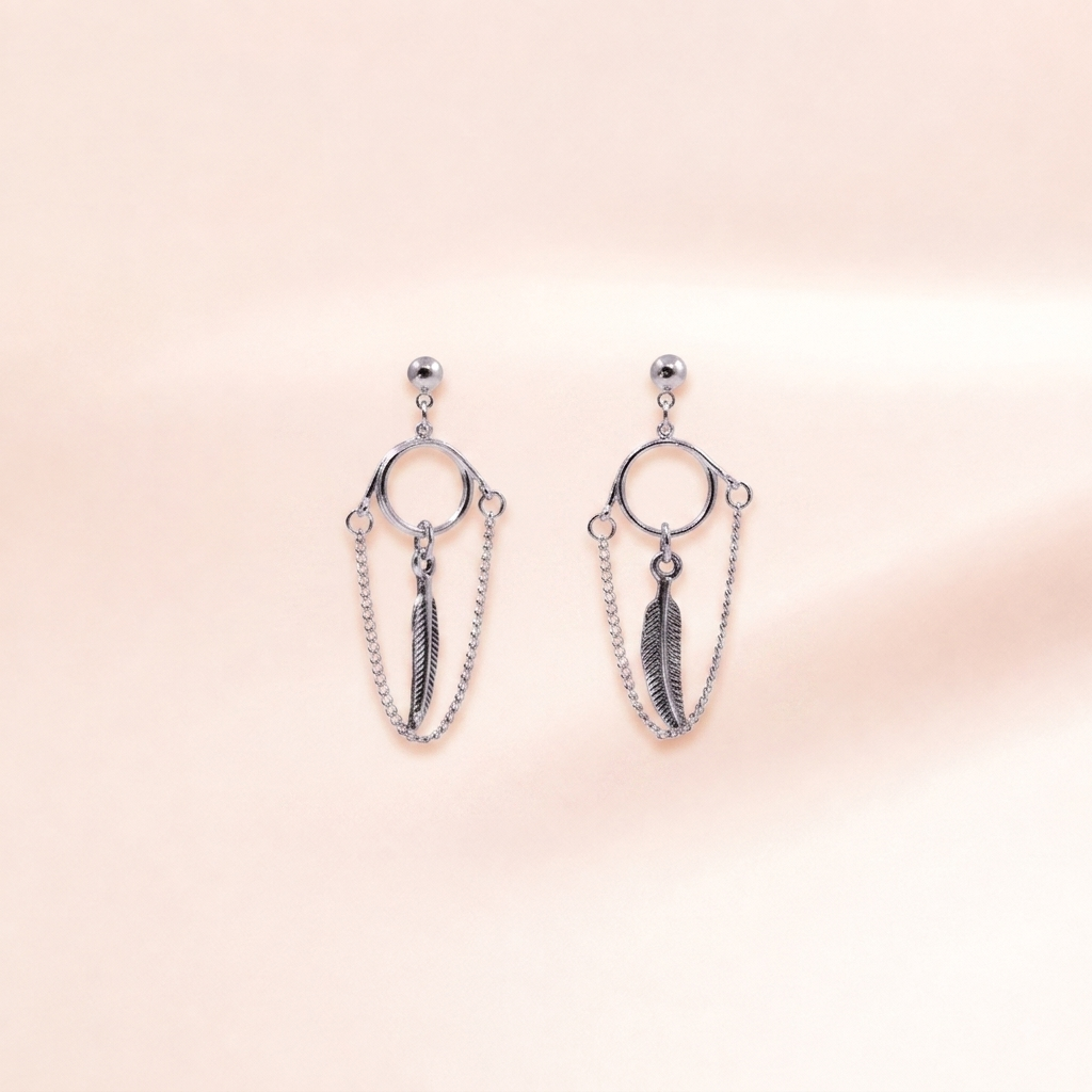 Ring & Feather Draped Chain Earrings