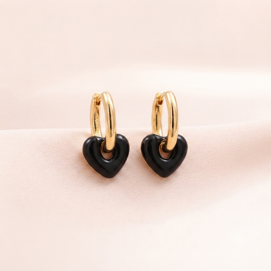 Black Enamel Heart Hoop Earrings