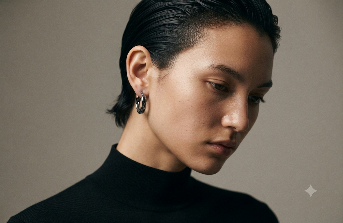 Silver Woven Chain Huggie Hoop Earrings