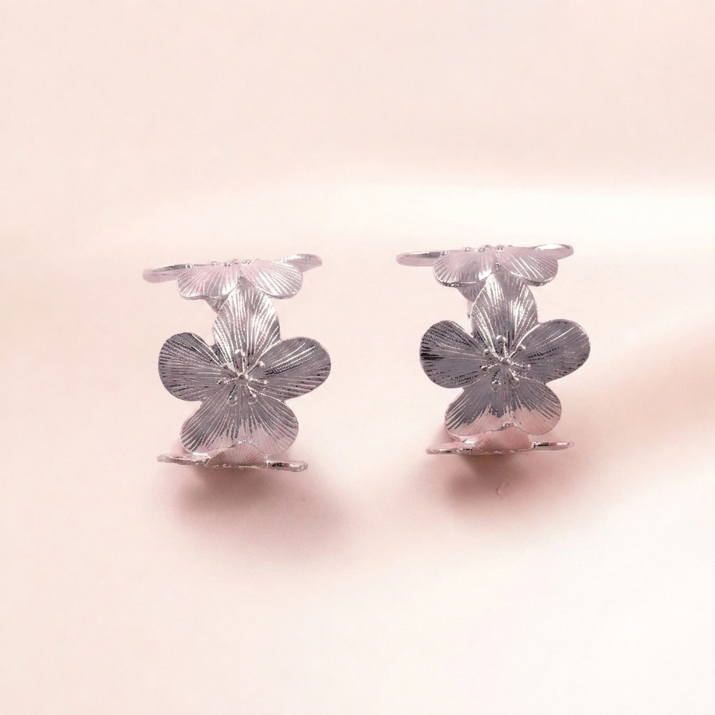 Silver Textured Floral Hoop Earring