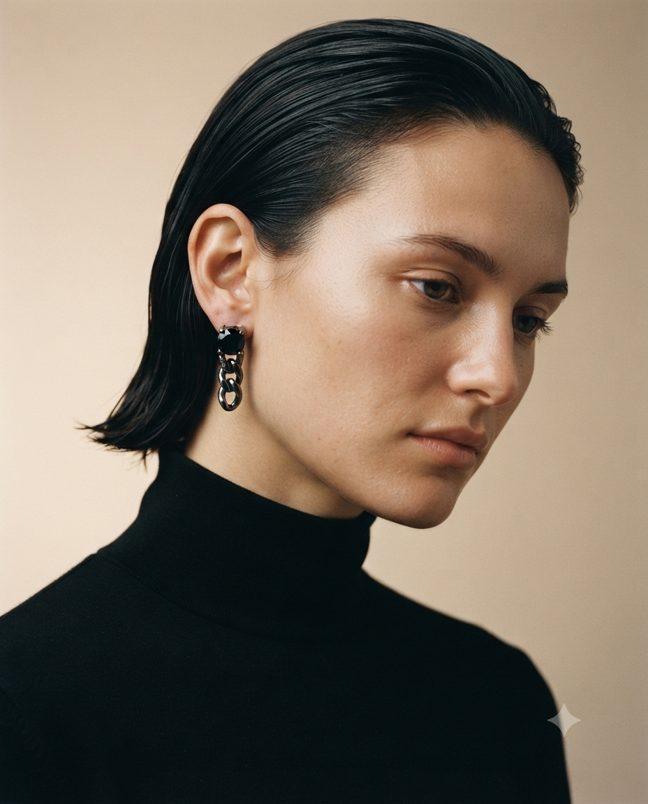 Silver Starburst Black Stone Stud Earring