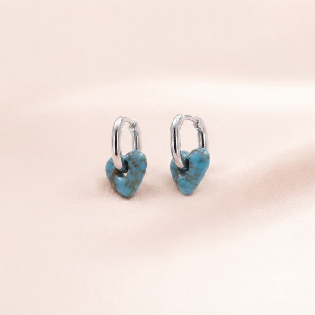 Blue Enamel Heart Hoop Earrings