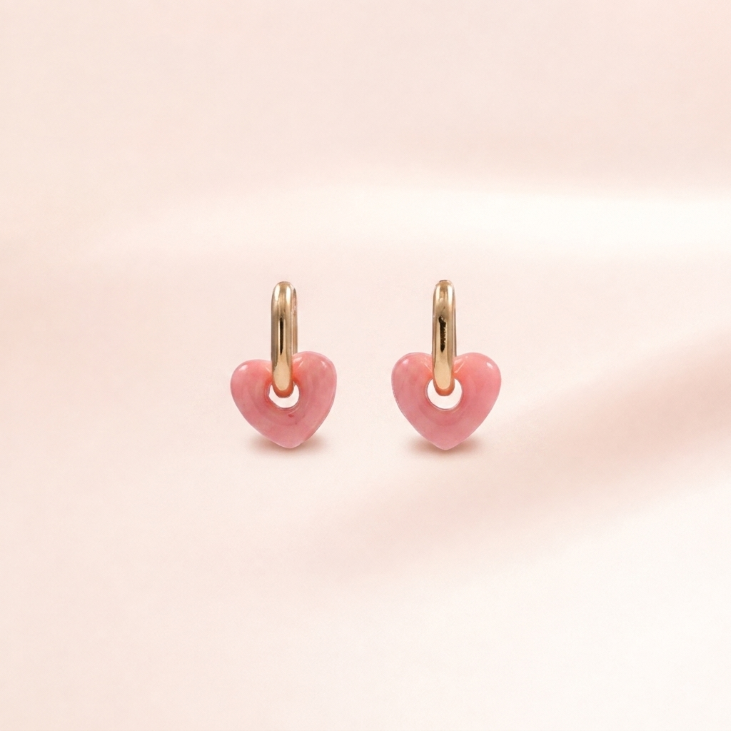 Pink Enamel Heart Hoop Earrings