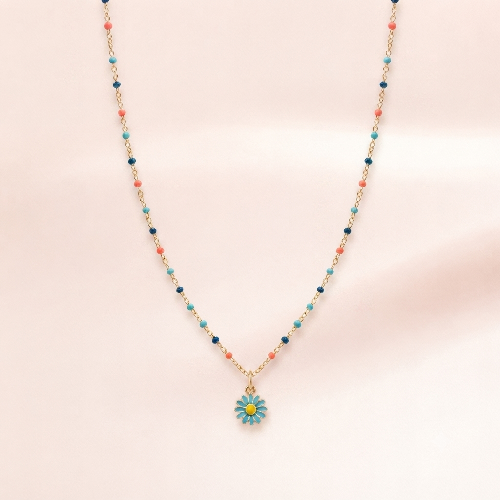 Gold Enamel Turquoise Daisy Bead Necklace | Vybe Global Store - Image 2