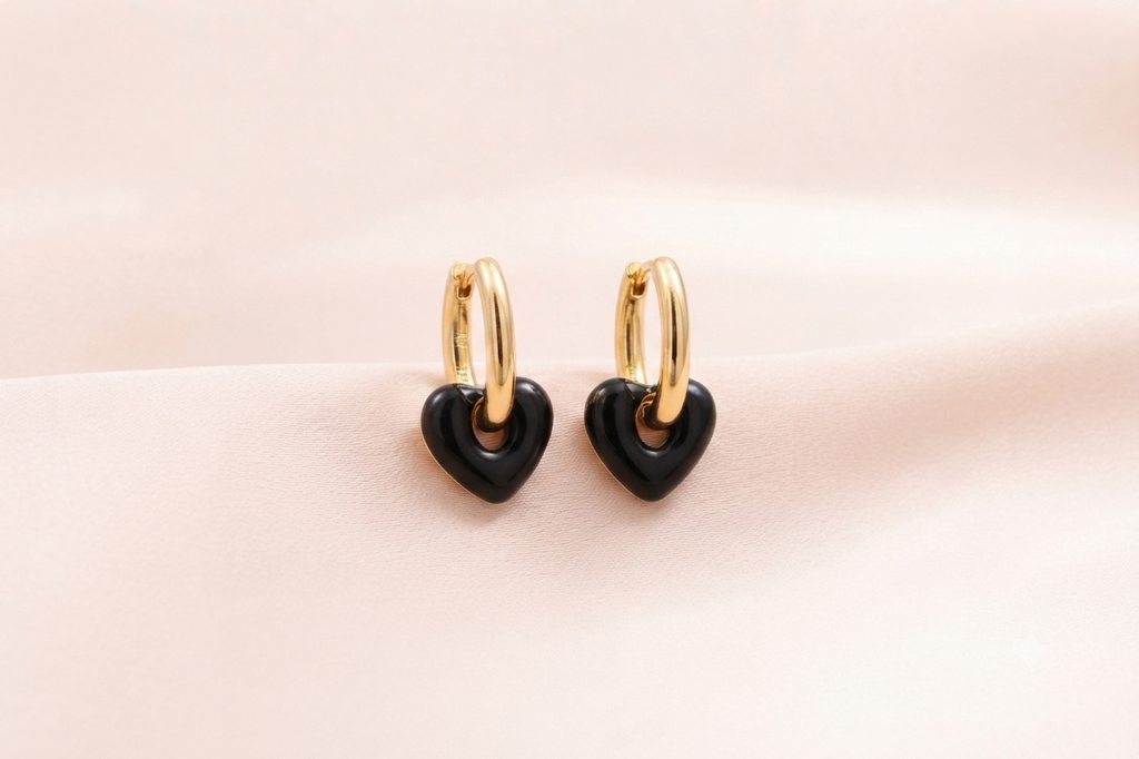 Black Enamel Heart Hoop Earrings