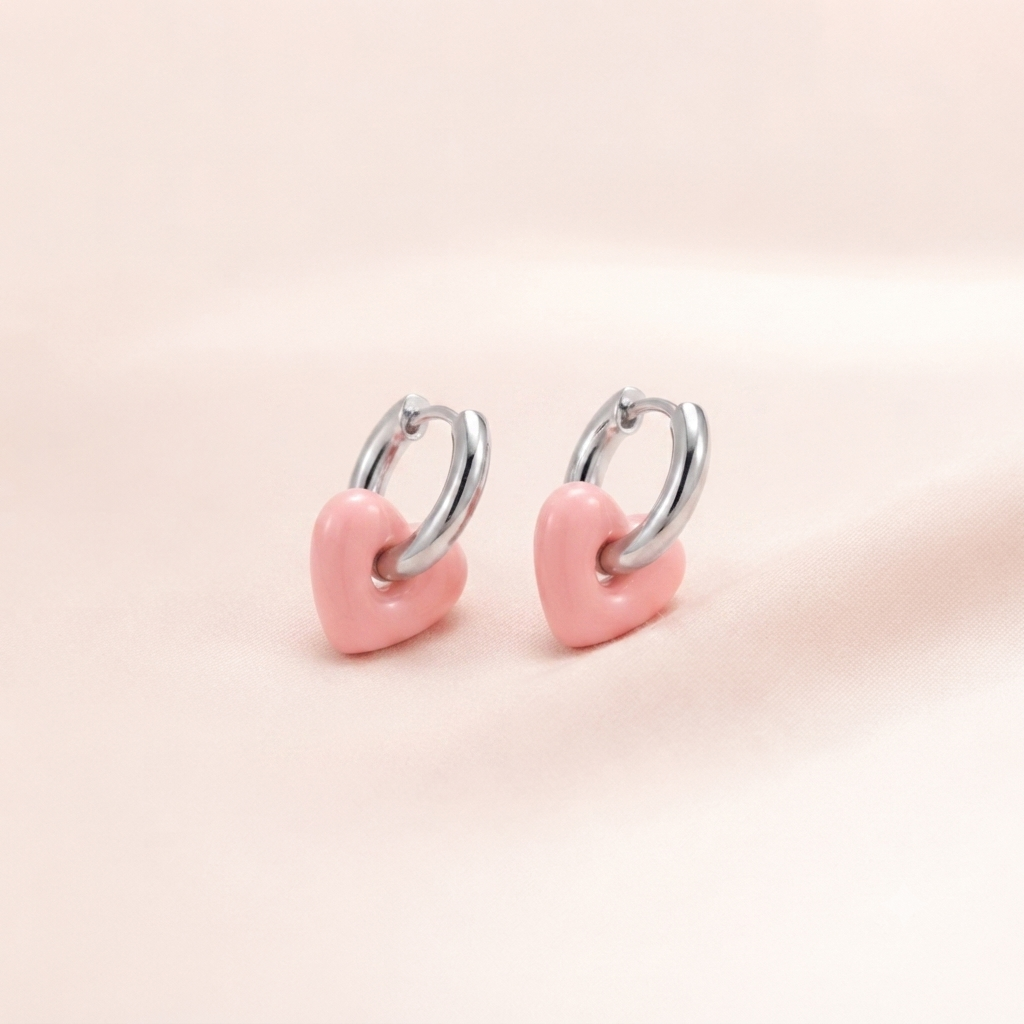 Pink Enamel Heart Hoop Earrings