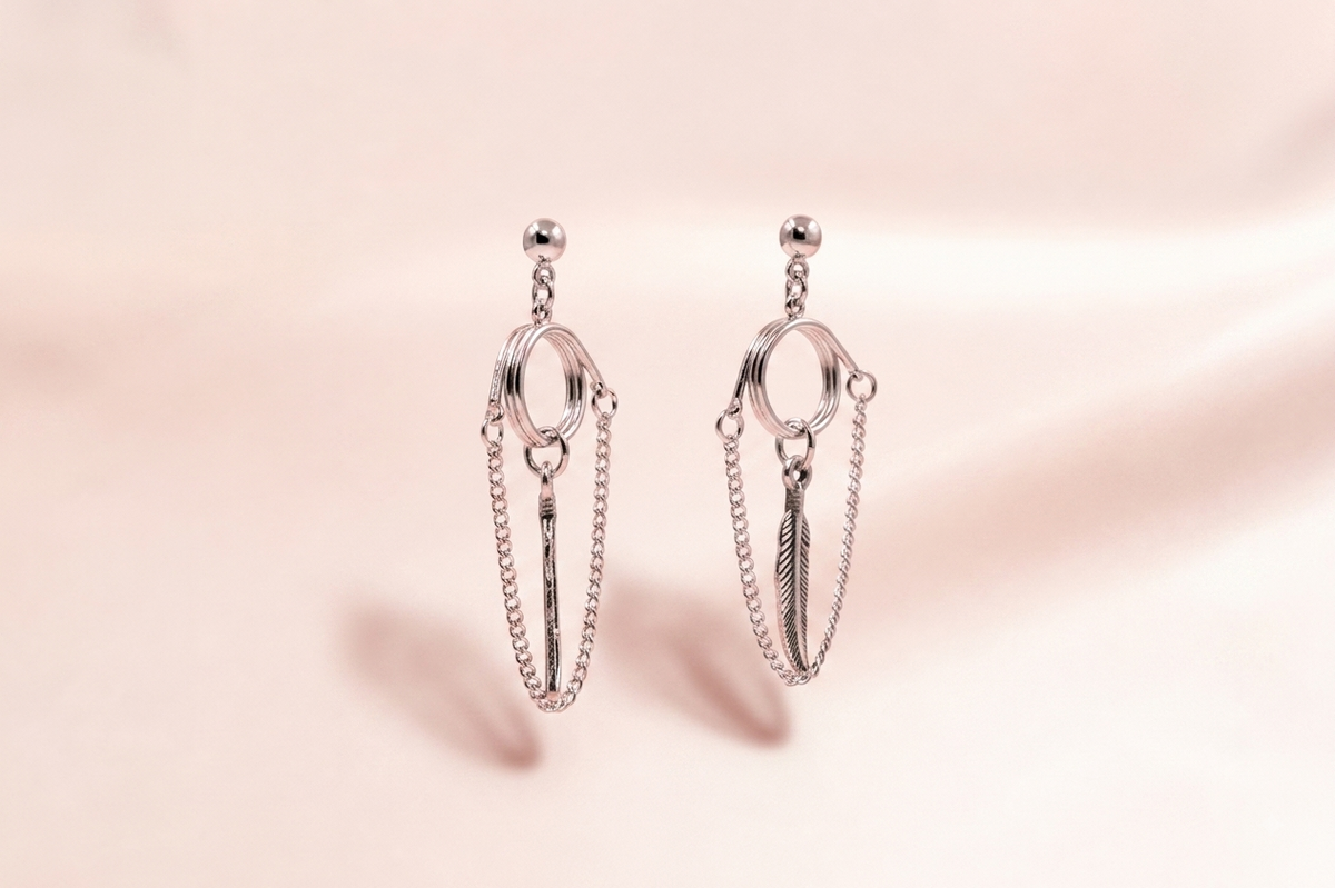 Ring & Feather Draped Chain Earrings