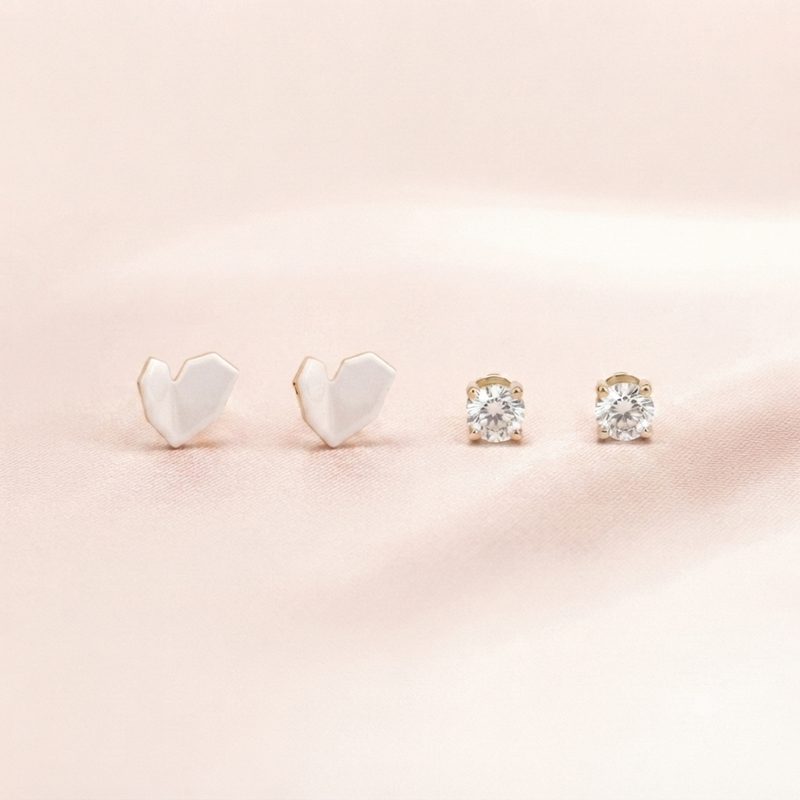 Heart & Crystal Stud Earring Set