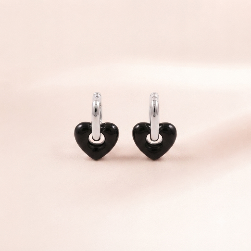 Black Enamel Heart Hoop Earrings