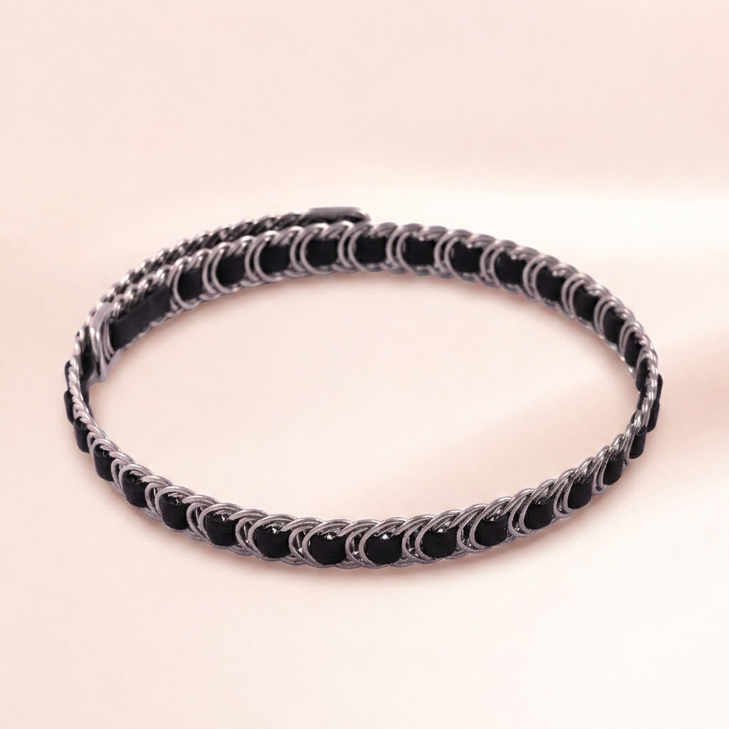 Silver and Black Leather Woven Chain Choker Necklace | Vybe Global Store - Image 2