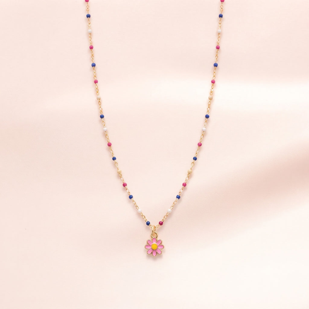 Gold Enamel Pink Daisy Bead Necklace | Vybe Global Store - Image 2