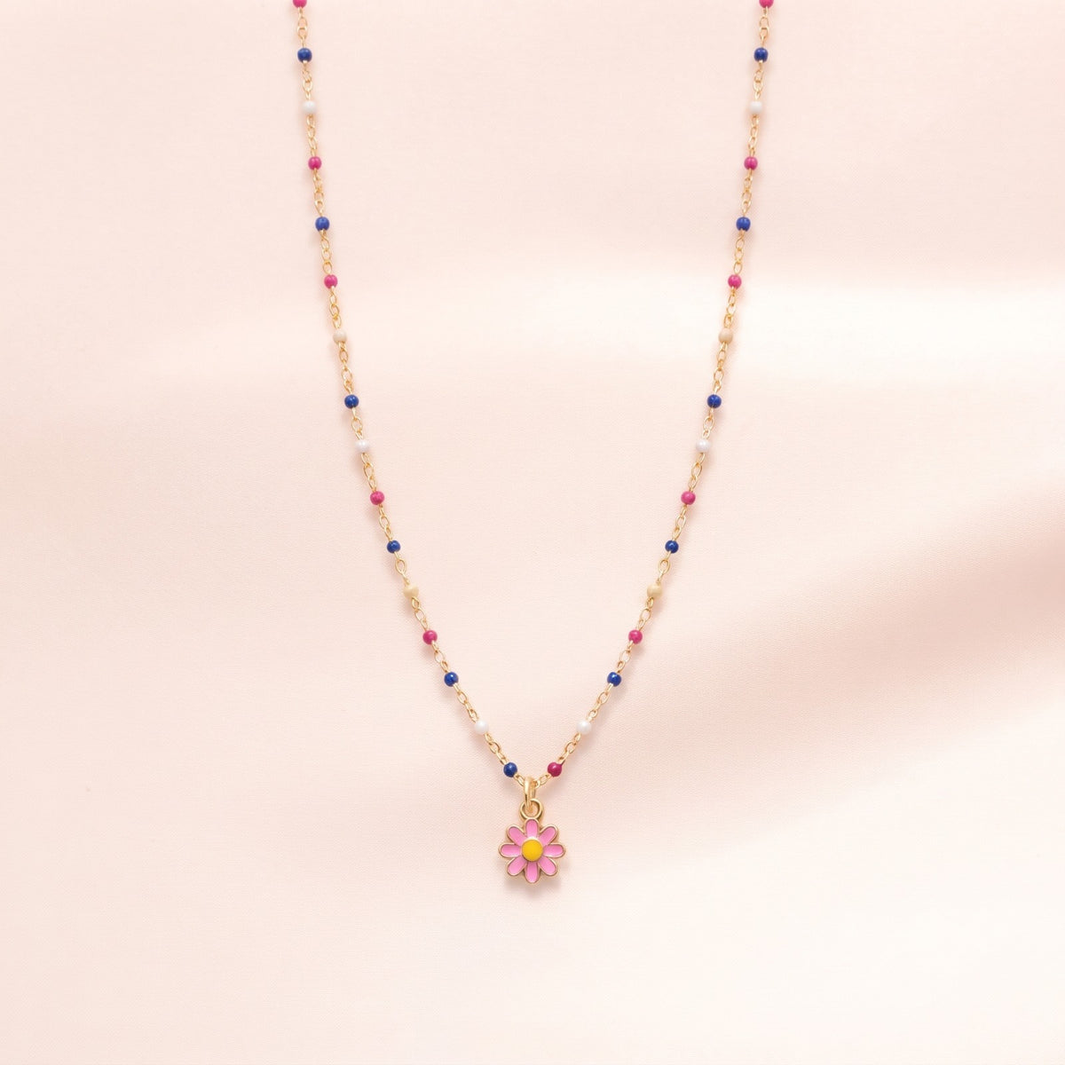 Gold Enamel Pink Daisy Bead Necklace | Vybe Global Store - Image 2