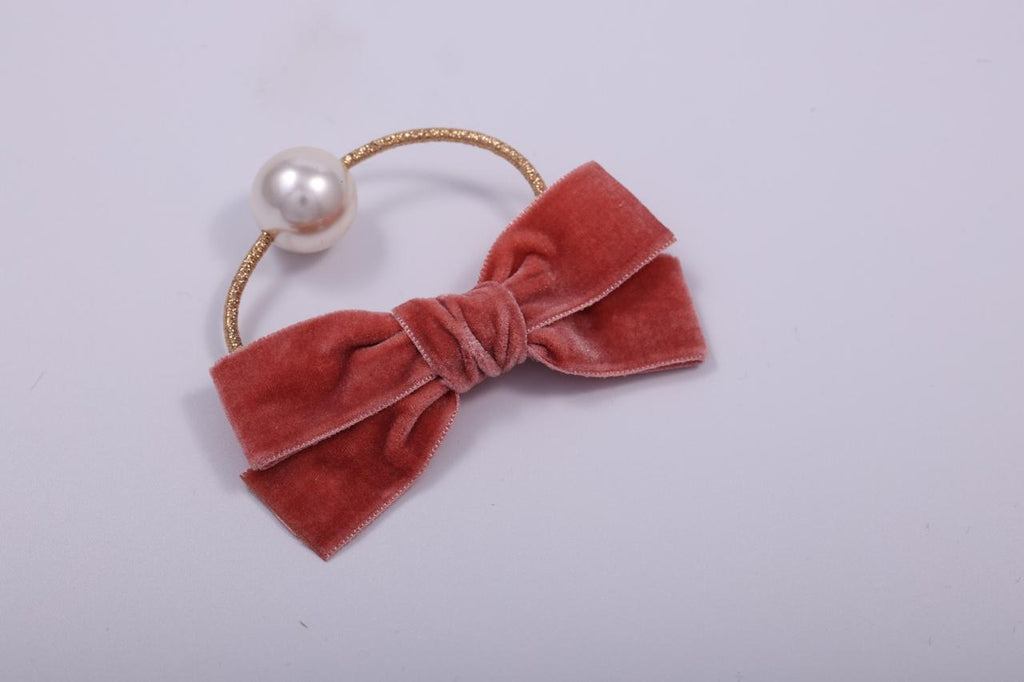 Velvet Bow & Faux Pearl Elastic Hair Tie
