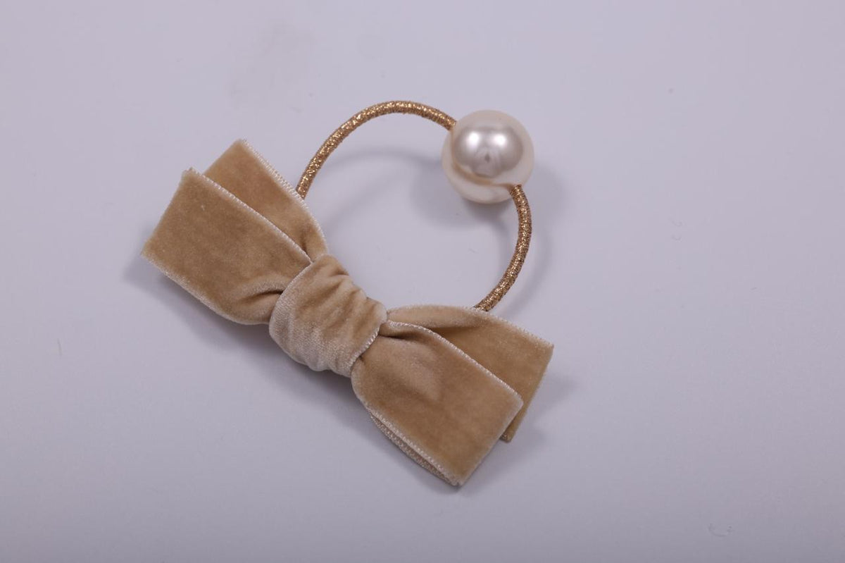 Velvet Bow & Faux Pearl Elastic Hair Tie