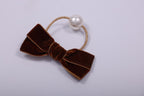 Velvet Bow & Faux Pearl Elastic Hair Tie