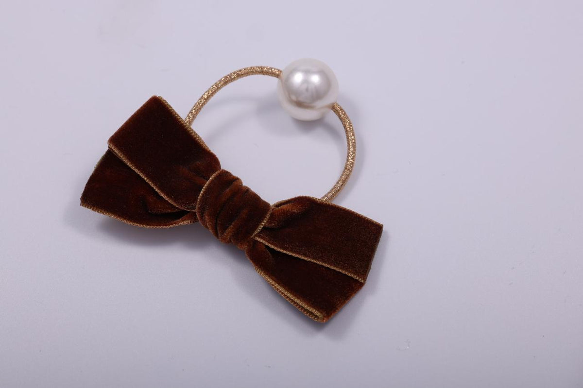 Velvet Bow & Faux Pearl Elastic Hair Tie