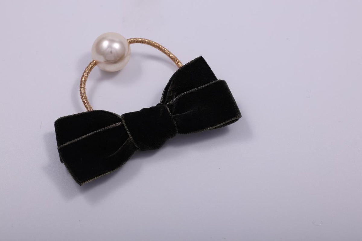 Velvet Bow & Faux Pearl Elastic Hair Tie