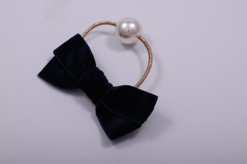 Velvet Bow & Faux Pearl Elastic Hair Tie