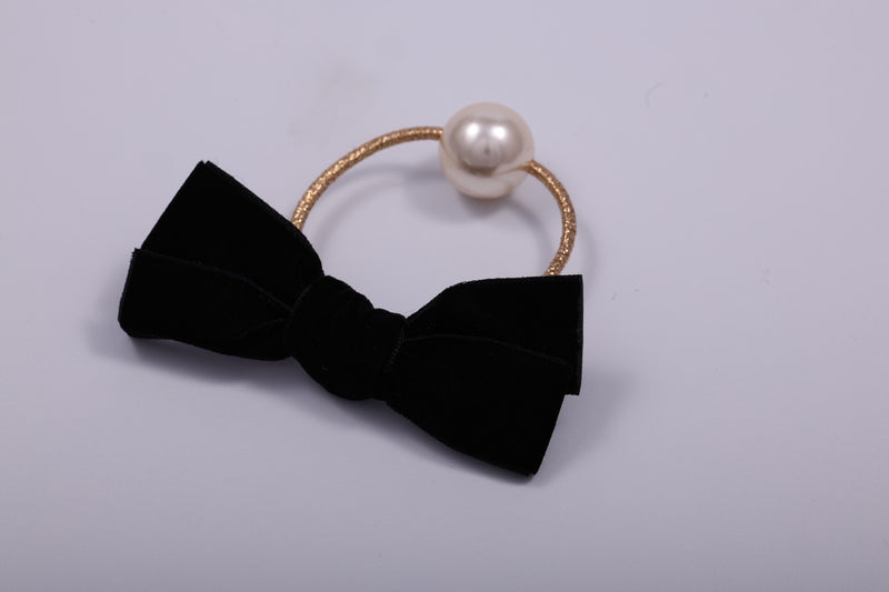 Velvet Bow & Faux Pearl Elastic Hair Tie