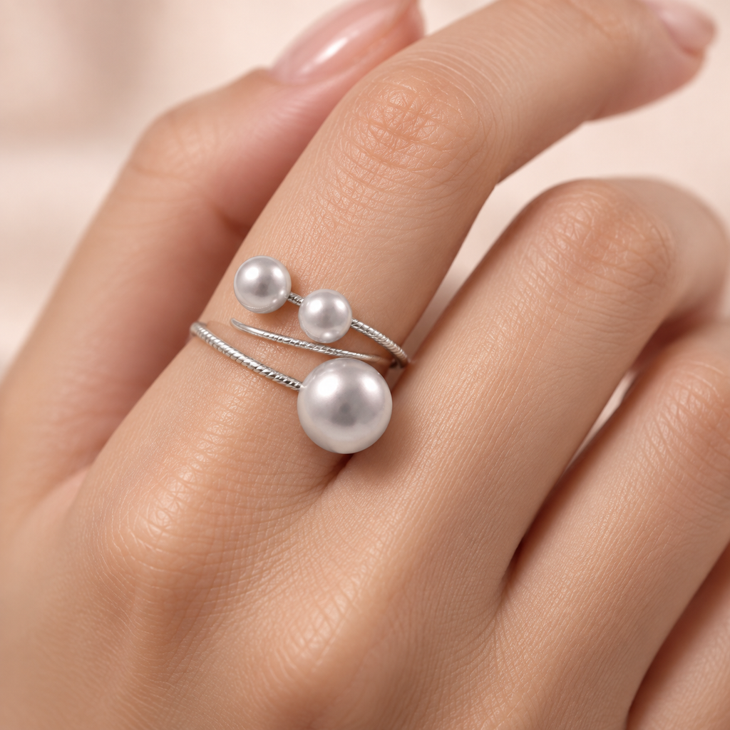 Silver Triple Pearl Open Ring