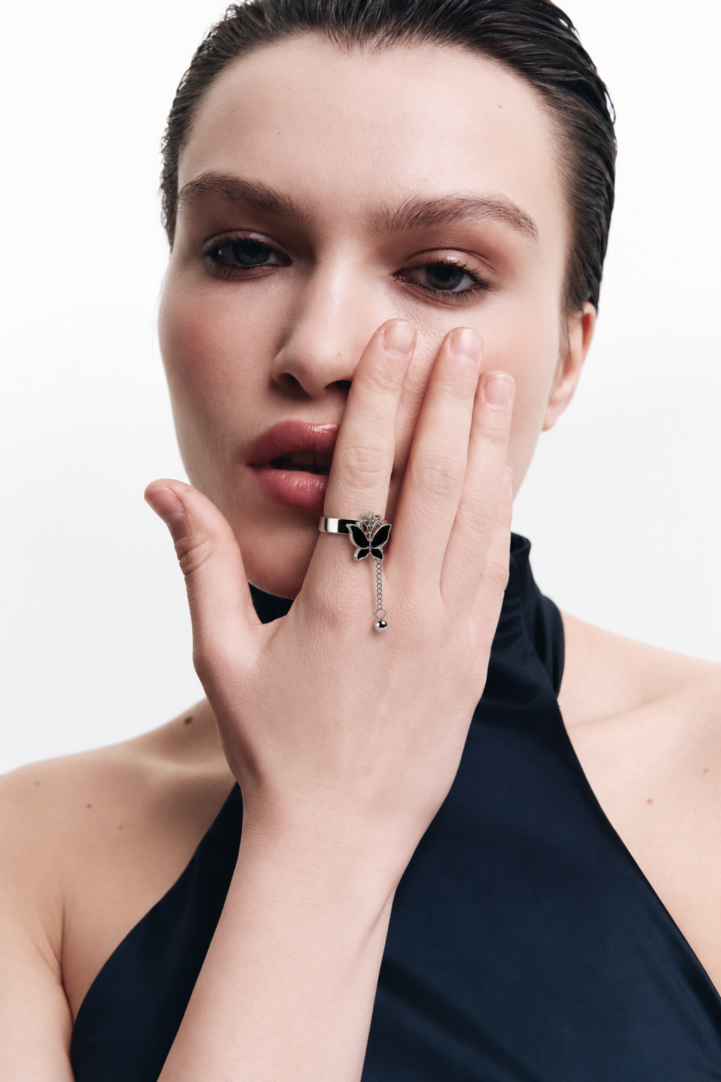 Black Butterfly Chain Drop Ring