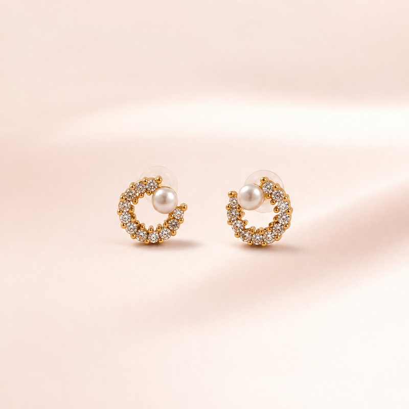 Crystal Crescent with Pearl Stud Earrings