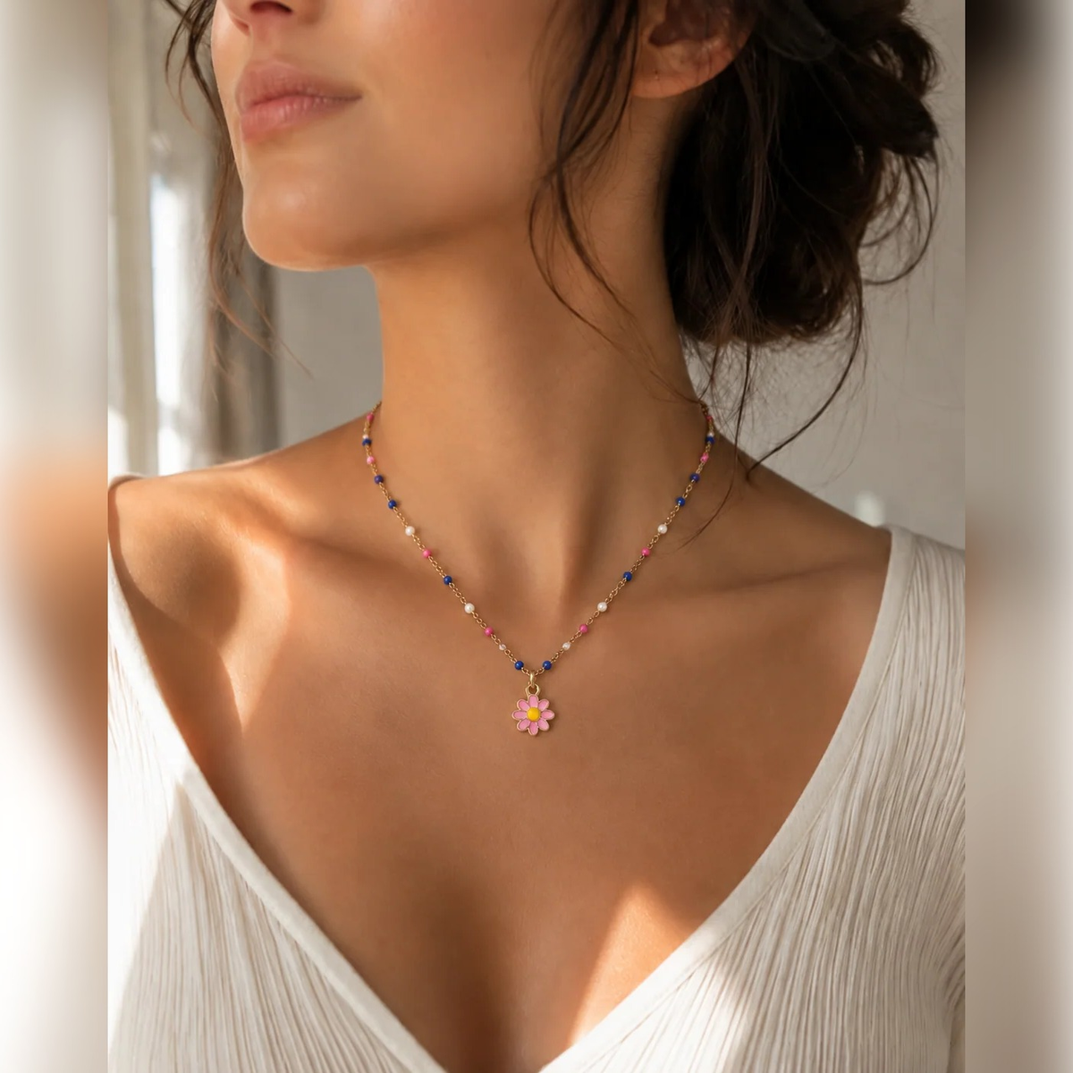 Gold Enamel Pink Daisy Bead Necklace | Vybe Global Store