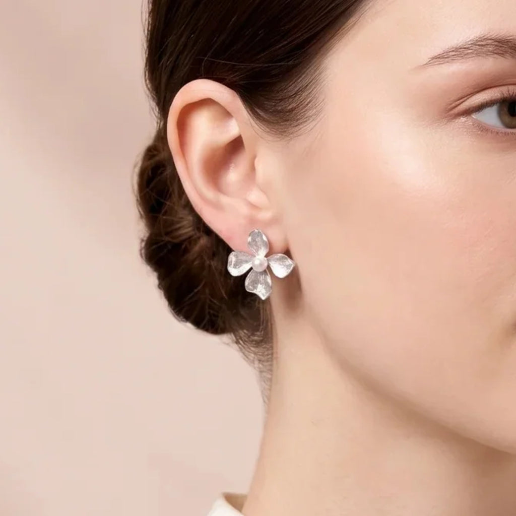 Silver Floral Pearl Stud Earrings | Vybe Global Store