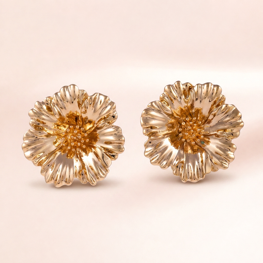Gold Marigold Flower Stud Earrings