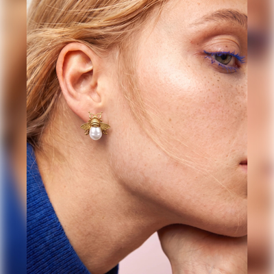 Gold Beetle Pearl Stud Earrings