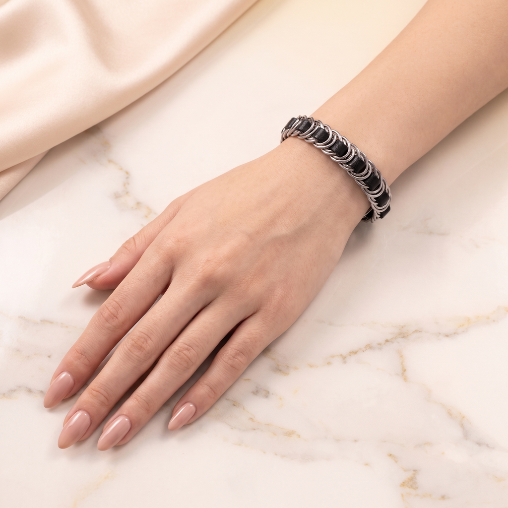 Silver Woven Chain Bracelet with Black and grey leather