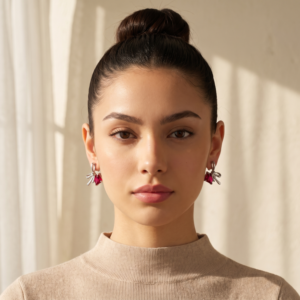 Silver Bow & Ruby Crystal Stud Earrings