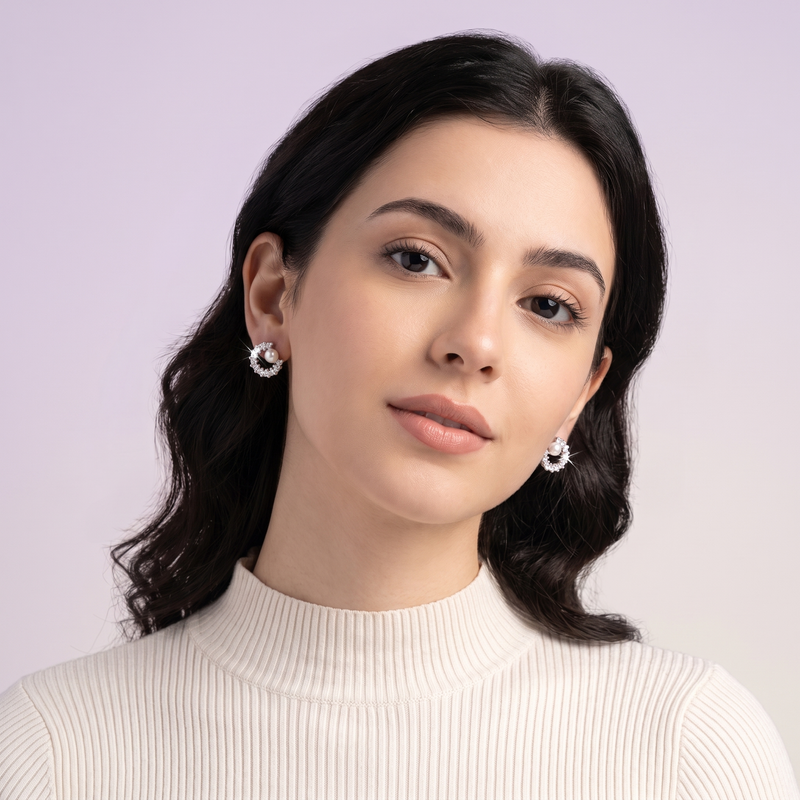 Crystal Crescent with Pearl Stud Earrings
