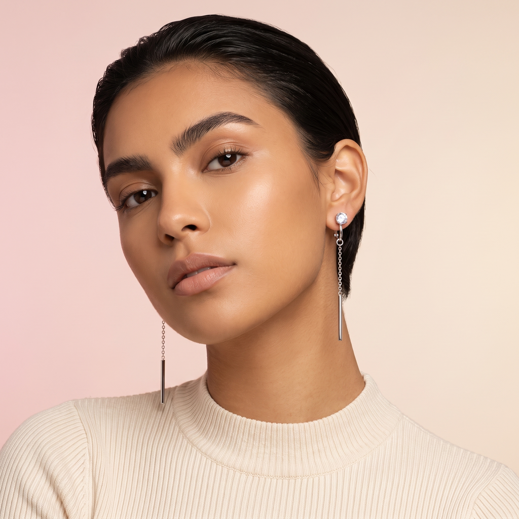 Silver Square Crystal Linear Drop Earrings