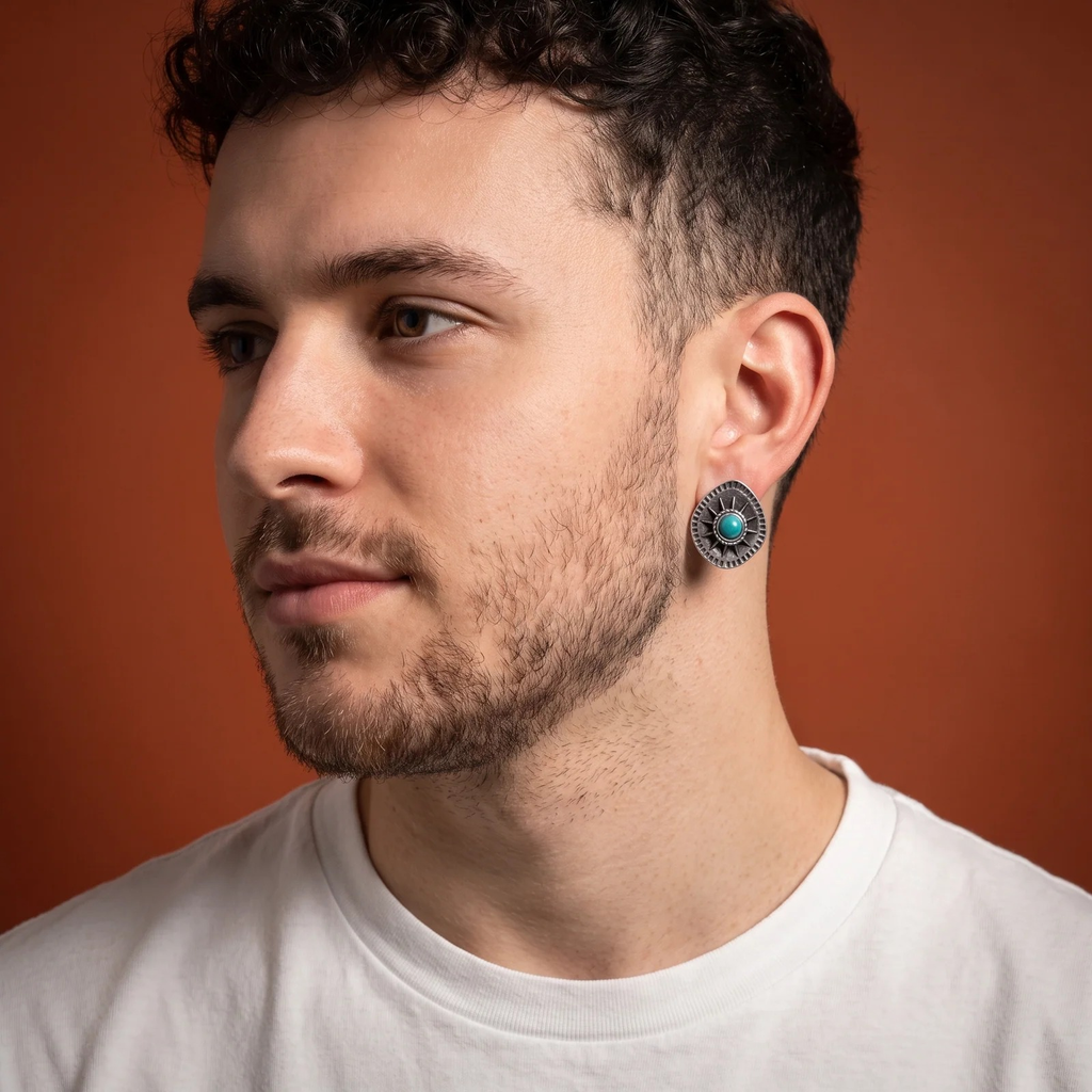 Turquoise Sunburst Concho Earrings for Men | Vybe Global Store