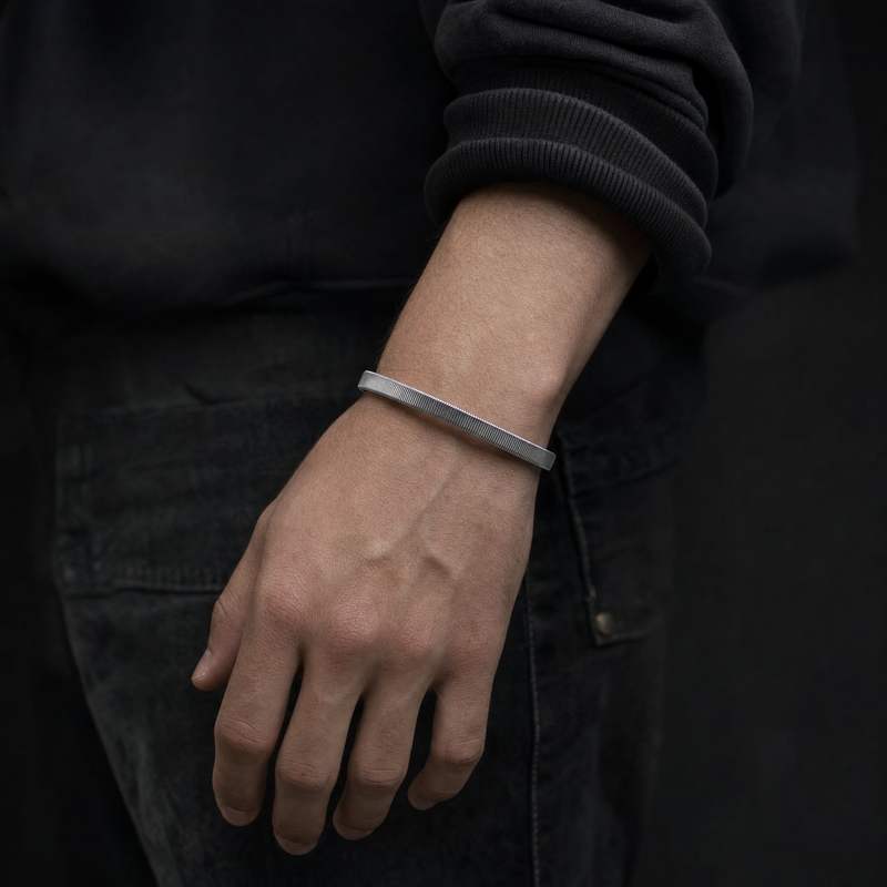 Silver Ribbed Flexible Open Cuff Bracelet