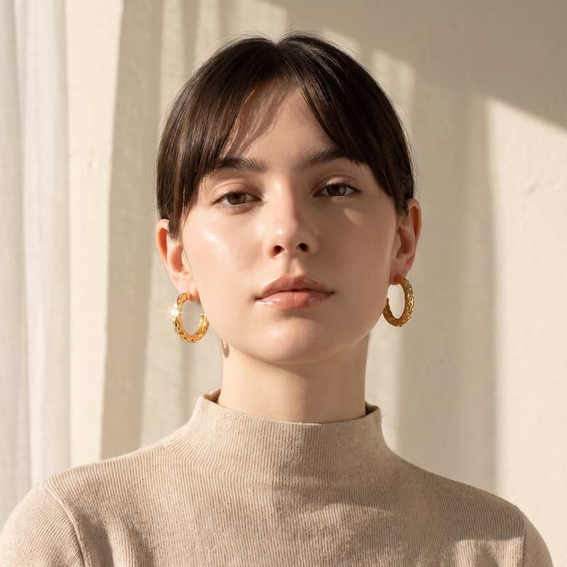 Hammered Texture Gold Hoop Earrings