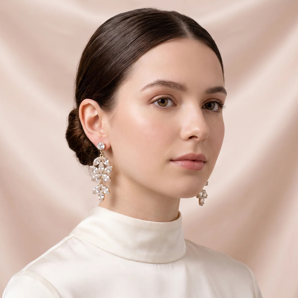 Model wearing Crystal Blossom Chandelier Earrings - gold-tone floral crystal drop earrings
