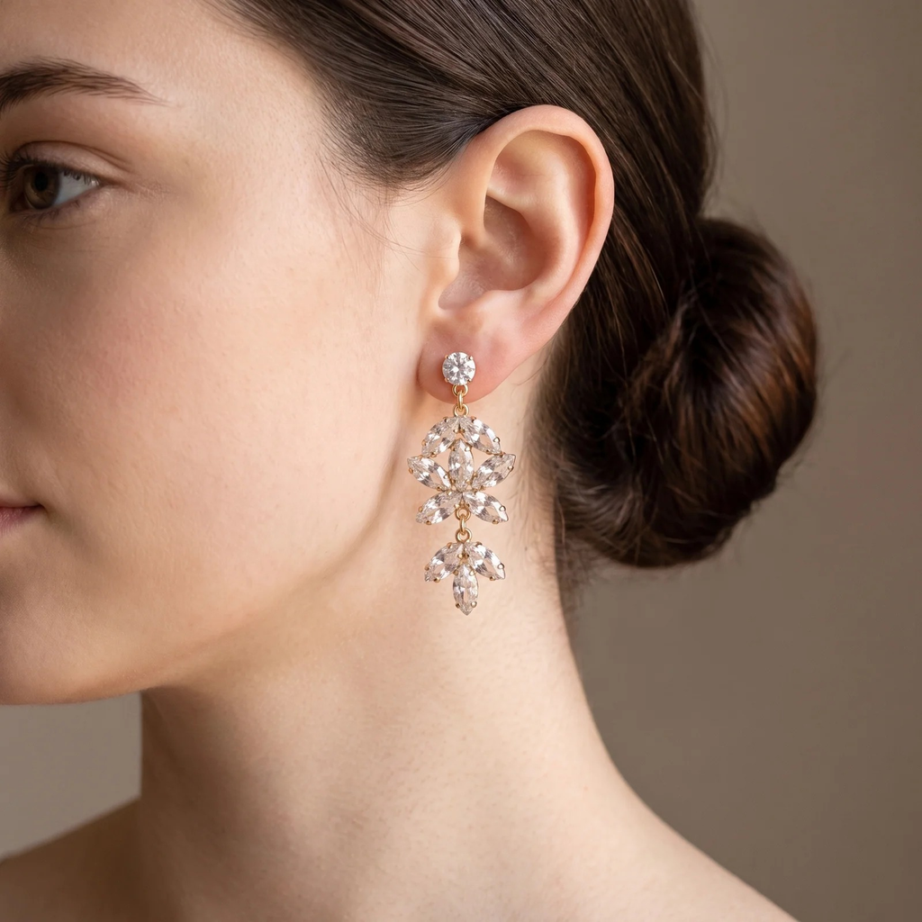 Side profile showing how the Crystal Blossom Chandelier Earring hangs on the ear