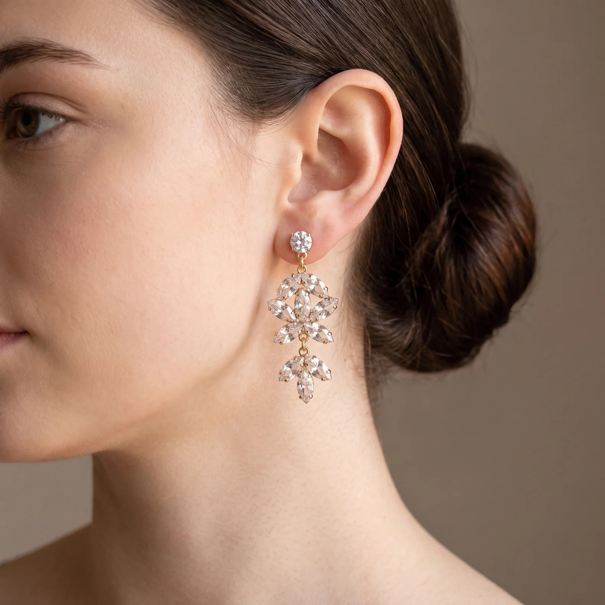 Side profile showing how the Crystal Blossom Chandelier Earring hangs on the ear
